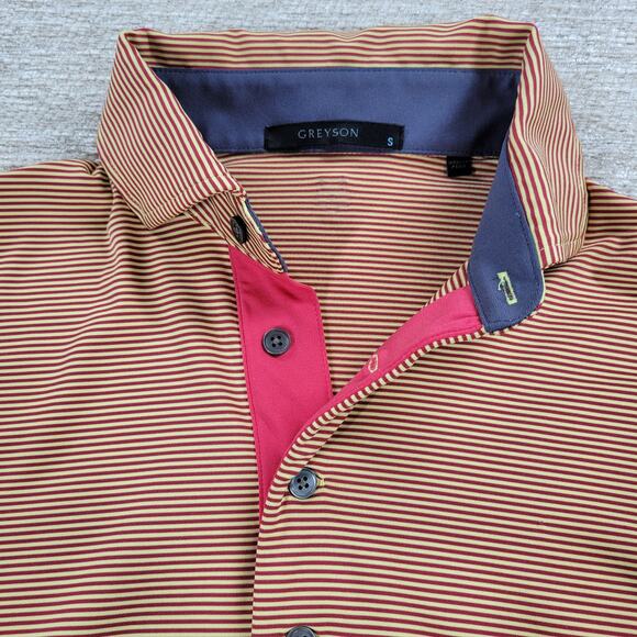 Greyson Saranac Polo Shirt Mens Small Gold Red Stripe Golf Performance - Picture 5 of 13